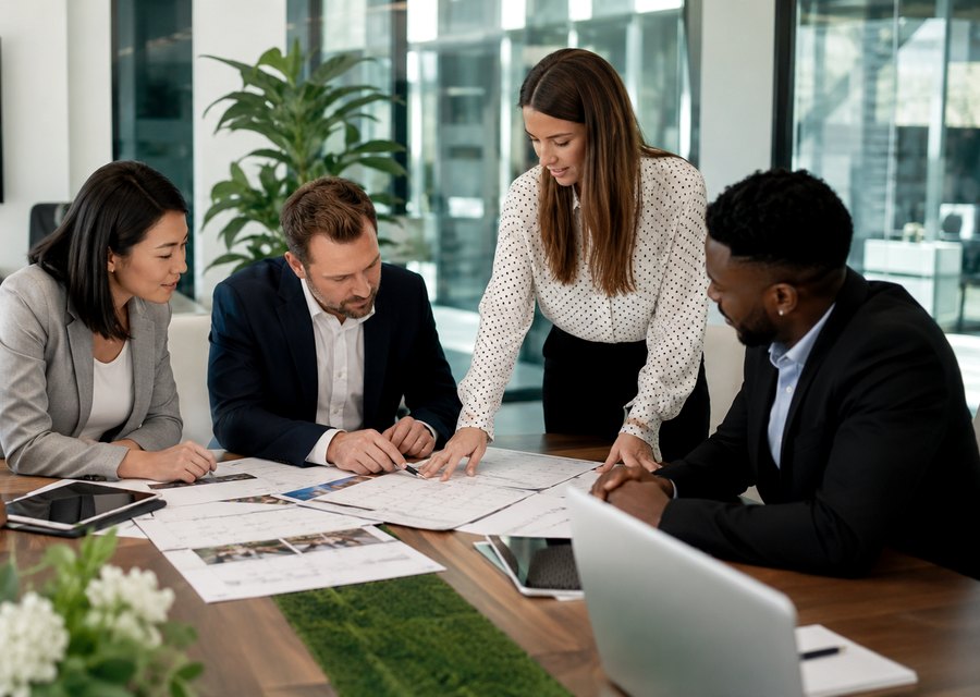 Business team reviewing venue plans together