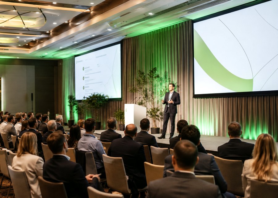 Speaker presenting to a business audience