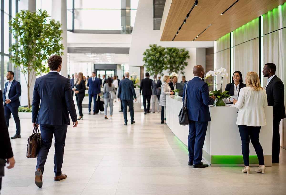 Professionals moving through a convention lobby